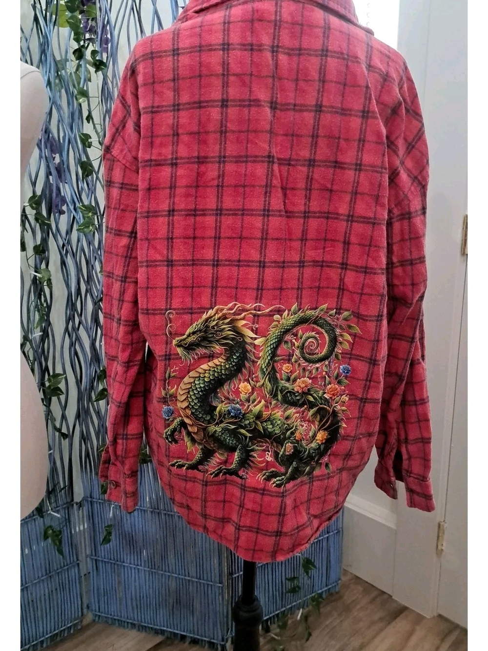 Dragon Garden Pink Plaid Flannel Shirt – Gilded Intent Large Fantasy Upcycled
